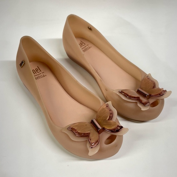 Mel by Mini 1 Melissa Butterfly Peep Toe Flats ultragirl little girl J1 beige - Picture 1 of 8